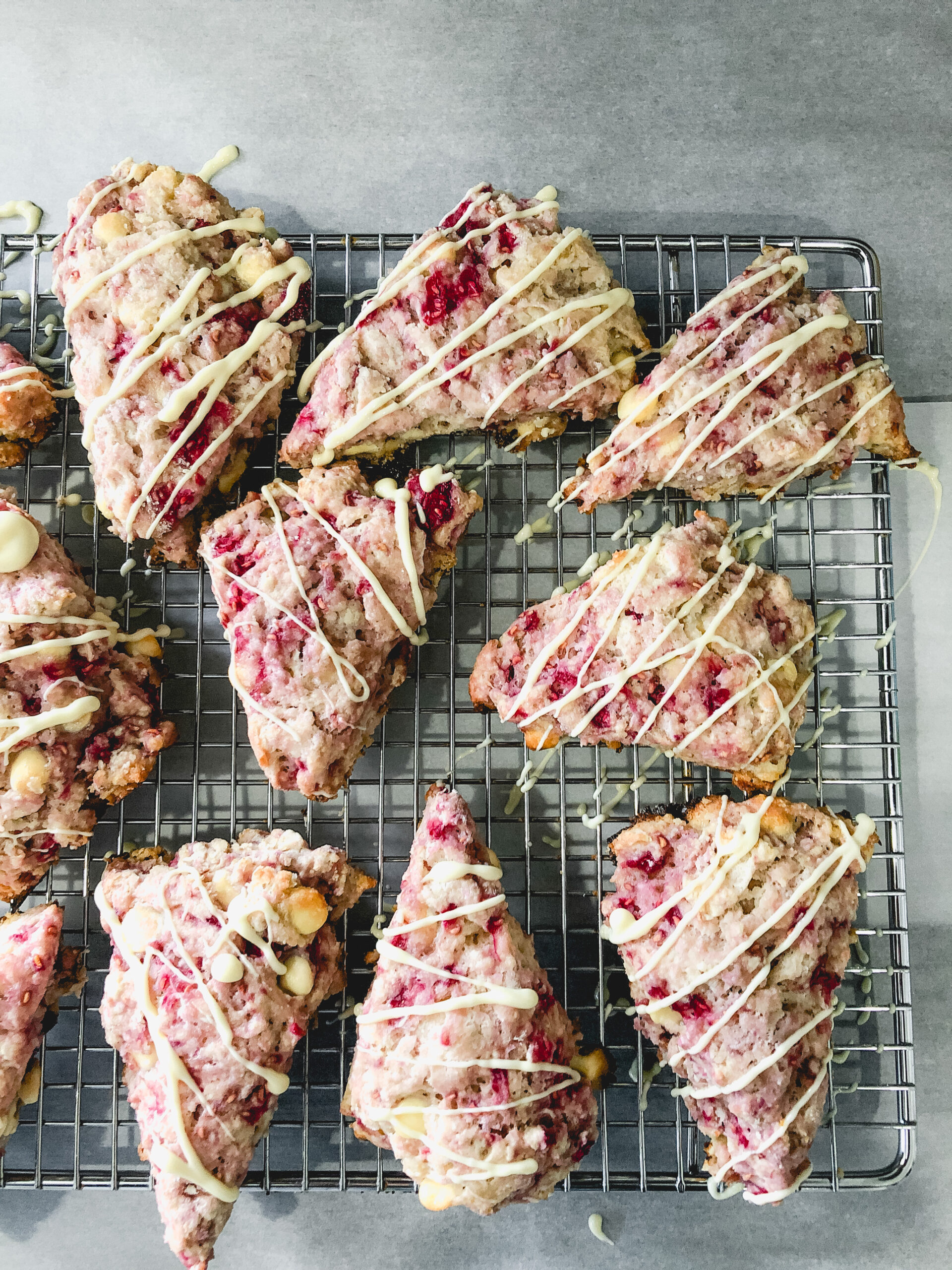 Gluten free white chocolate raspberry scones with white chocolate drizzle