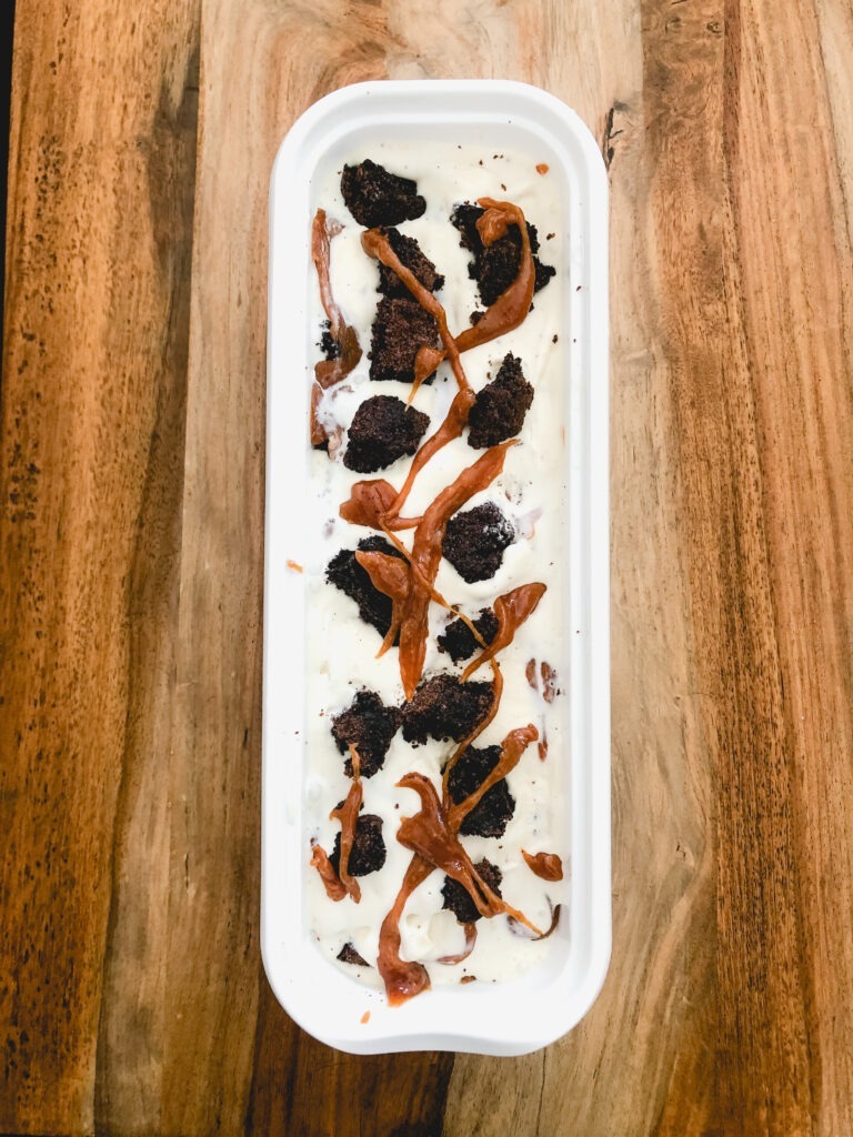 Vanilla bean ice cream with brownies and salted caramel