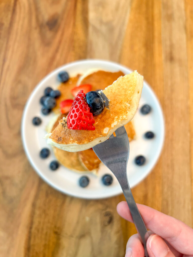 Gluten free pancakes on a fork